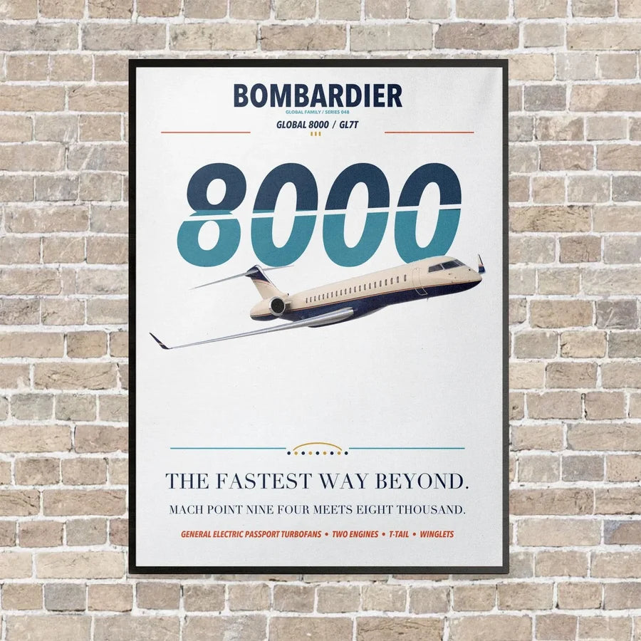 Bombardier Global 8000 vertical canvas print - framed - white background