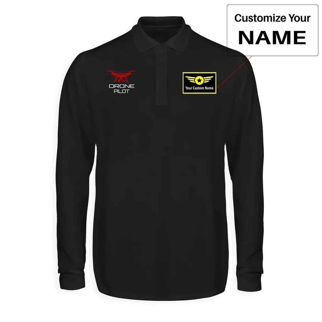 Drone Pilot aviation design printed on soft cotton long-sleeve polo shirt.