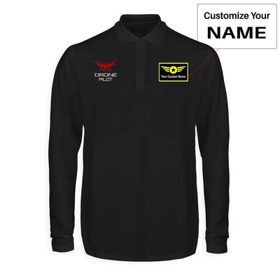 Drone Pilot aviation design printed on soft cotton long-sleeve polo shirt.