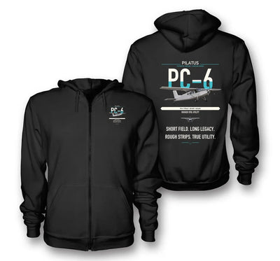 Pilatus PC-6 Porter design on black premium zipped hoodie, double-side print