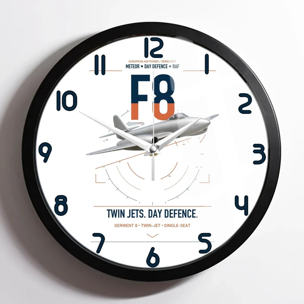 Gloster Meteor F8 design on white framed wall clock
