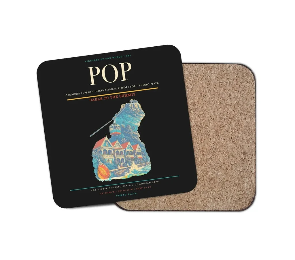 Gregorio Luperón International Airport (POP) design on black 1 piece coaster