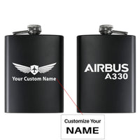 Thumbnail for Airbus A330 & Text aviation design on stainless hip flask, compact pocket-size flask.