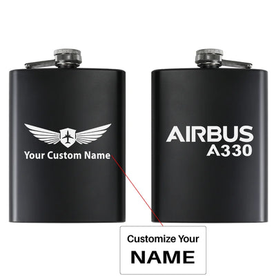 Airbus A330 & Text aviation design on stainless hip flask, compact pocket-size flask.