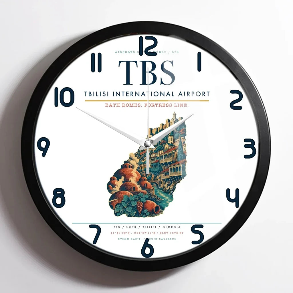 Tbilisi International Airport (TBS) design on white framed wall clock