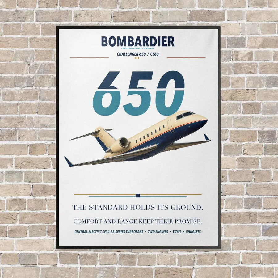 Bombardier Challenger 650 vertical canvas print - framed - white background