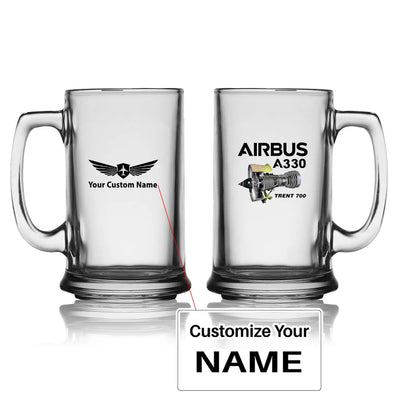 Airbus A330 & Trent 700 Engine Beer Glass with Holder aviation design on beer glass with holder, glass plus matching coaster.
