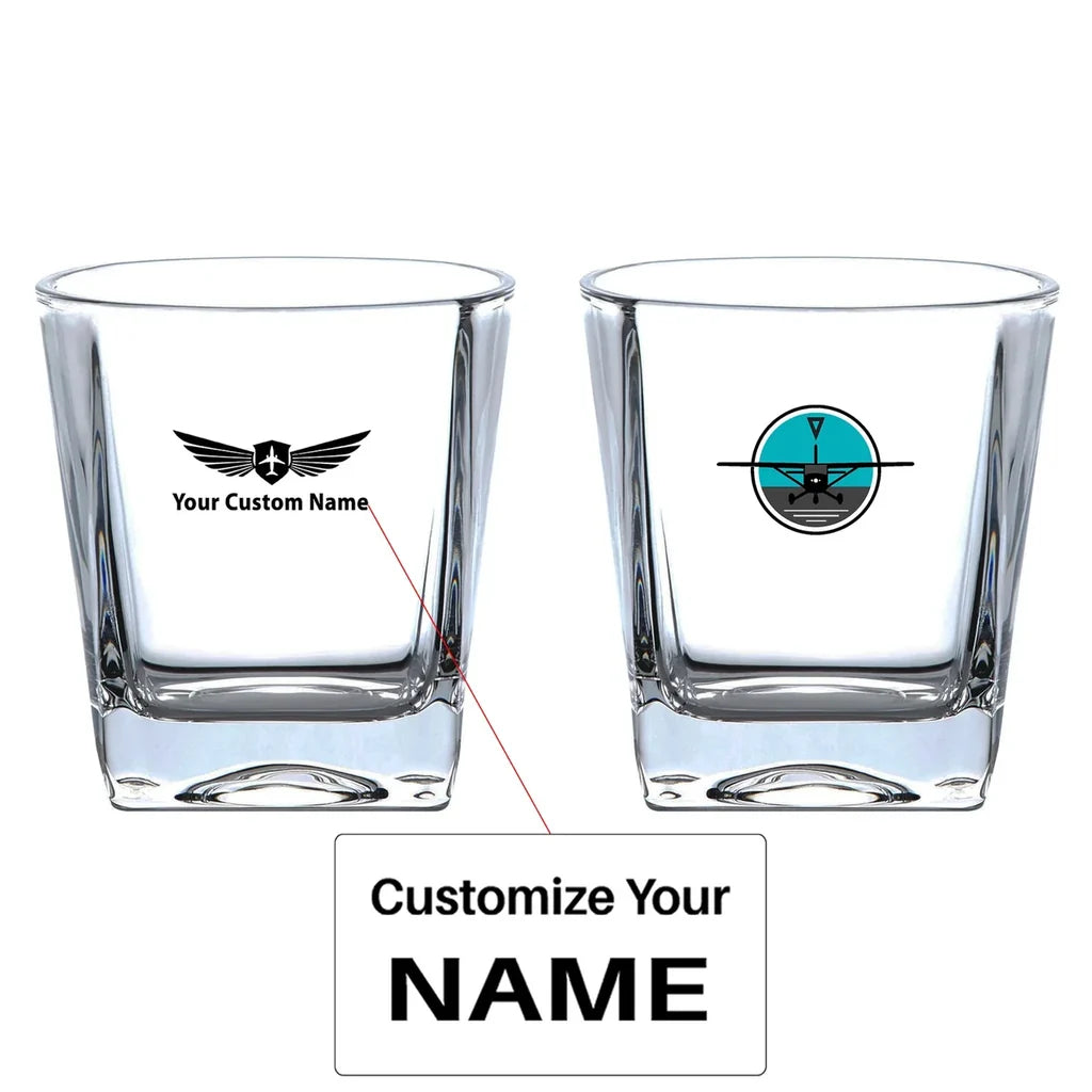 Cessna & Gyro aviation design on whiskey glass, crystal-clear premium glassware.