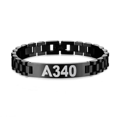 Side view of Airbus A340 Flat Text aviation chain bracelet in stainless steel, polished finish.