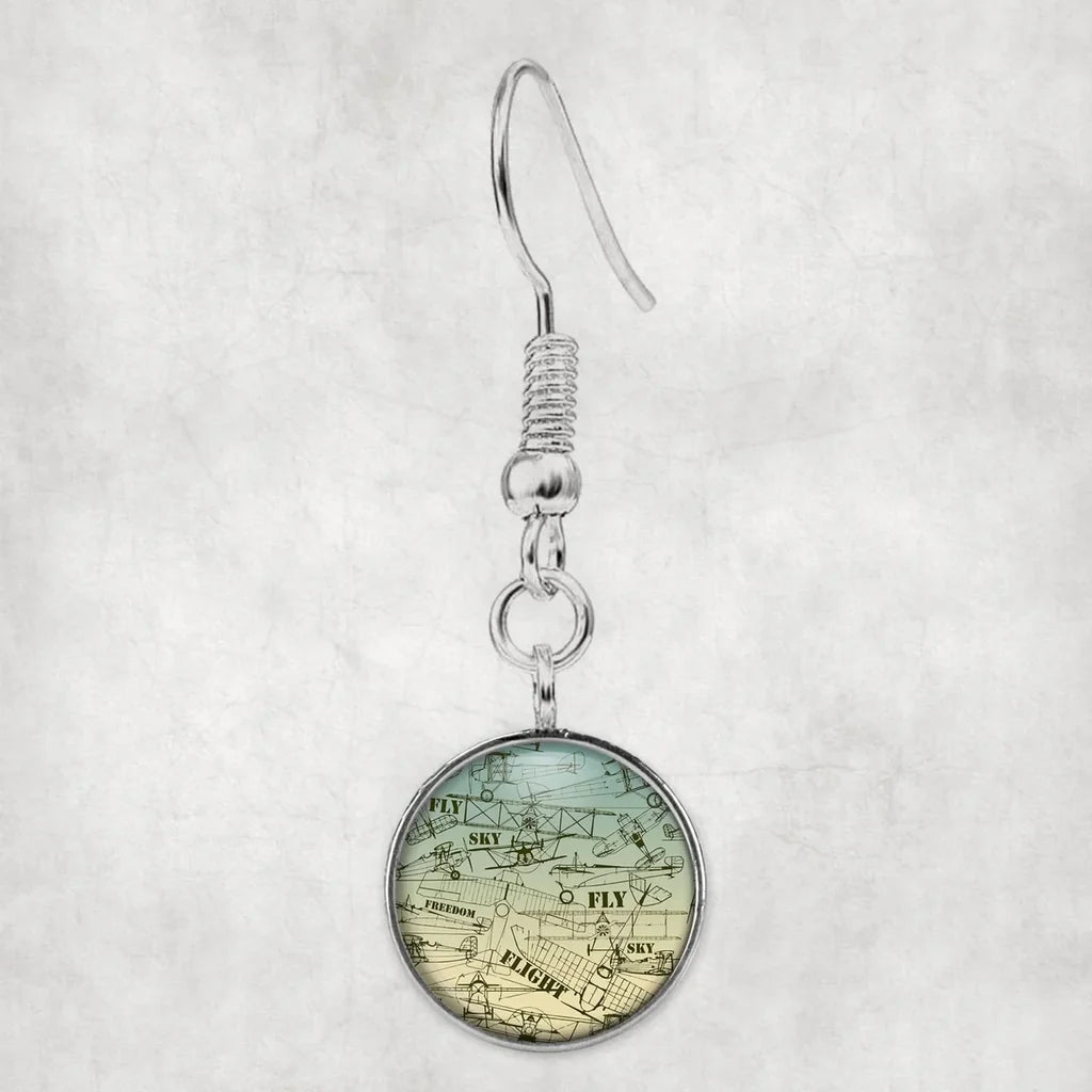 Side view of Retro Airplanes & Text aviation earrings in hypoallergenic alloy, polished finish.