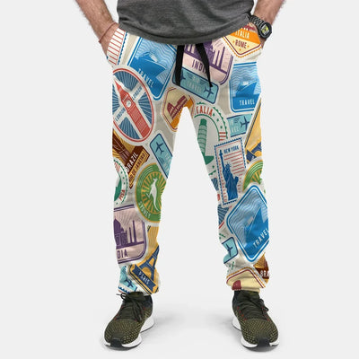 Travel Stickers aviation design on soft cotton blend 3D-printed sweatpants.