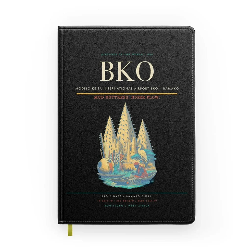 Modibo Keita International Airport (BKO) design on black notebook