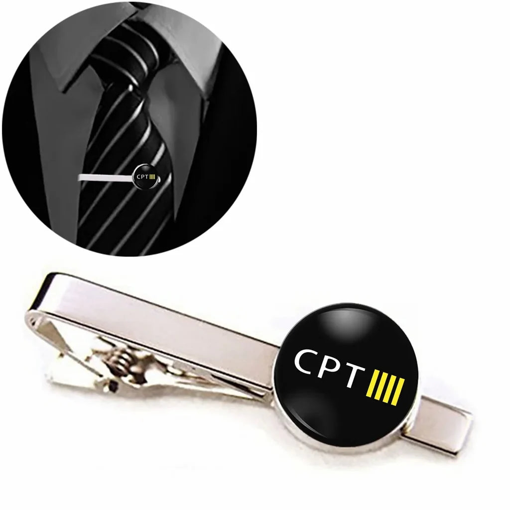 CPT & 4 Lines aviation tie clip, stainless steel body with engraved detail.