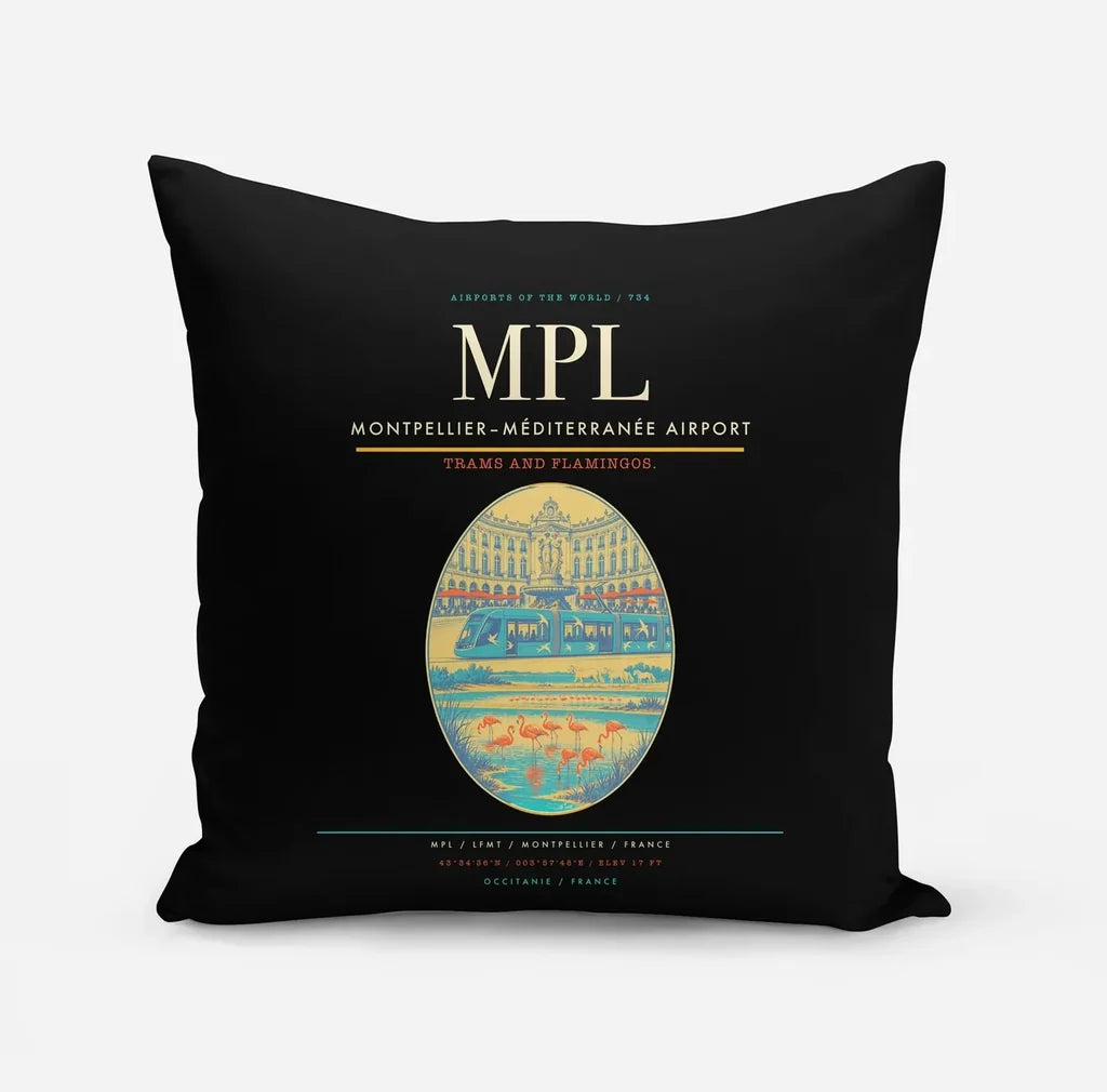 Montpellier–Méditerranée Airport (MPL) design on black pillow