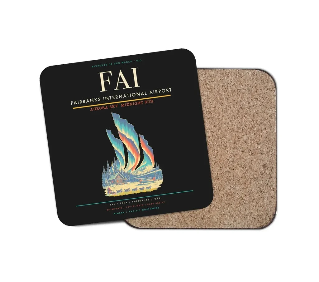Fairbanks International Airport (FAI) design on black 1 piece coaster