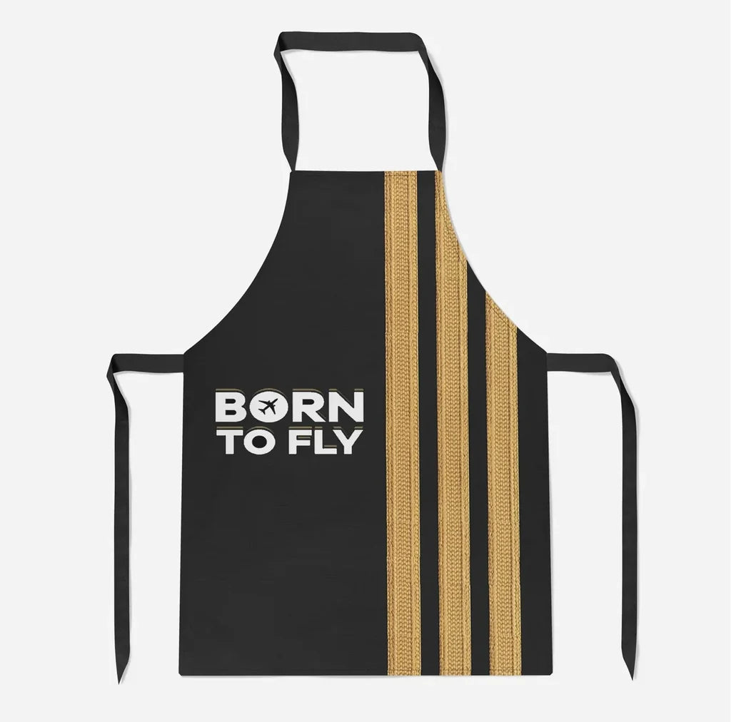 Born To Fly & Pilot Epaulettes (3 Lines) aviation design on durable cotton blend kitchen apron.