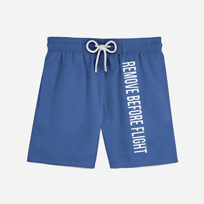 Remove Before Flight 2 (Blue) aviation design on quick-dry polyester swim trunks.