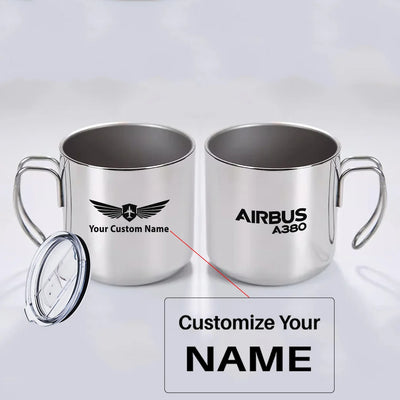 Airbus A380 & Text aviation design on portable mug, vacuum-insulated double-wall.