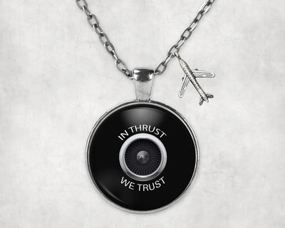 In Thrust We Trust aviation necklace, stainless steel body with engraved detail.