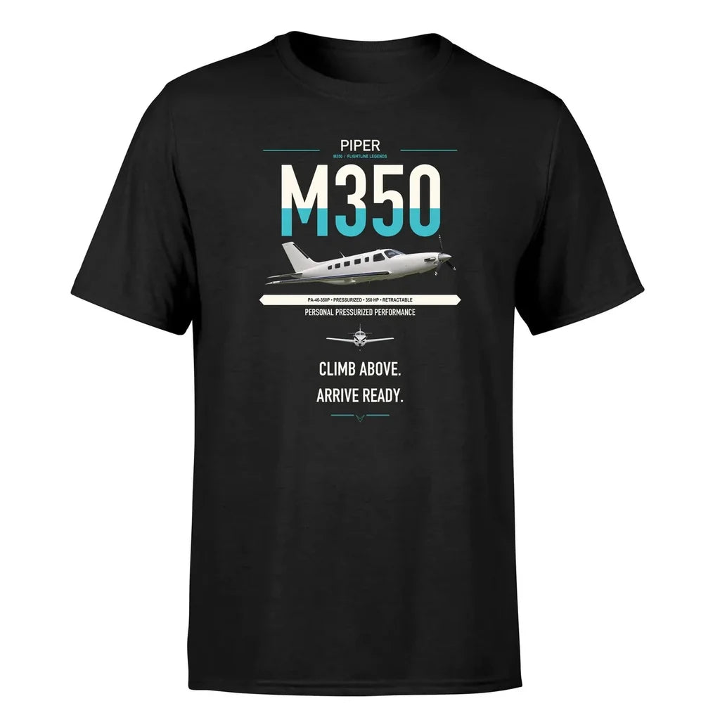 Piper M350 design on black t-shirt, single-side print