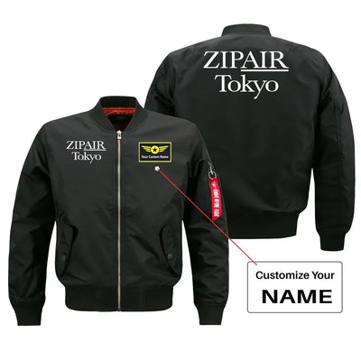 Zipair aviation design with custom name embroidered on black bomber jacket