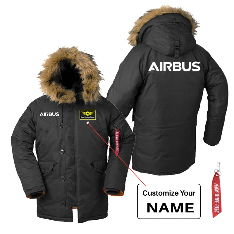 Airbus & Text aviation design printed on heavyweight shell with hooded warmth parka bomber.
