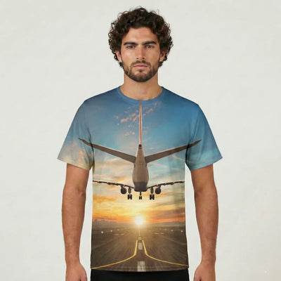 Airplane over Runway Towards the Sunrise aviation print 3D-printed clothing, soft cotton blend.