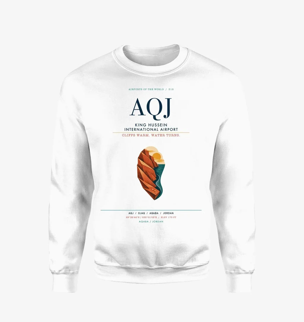 King Hussein International Airport (AQJ) design on white sweatshirt