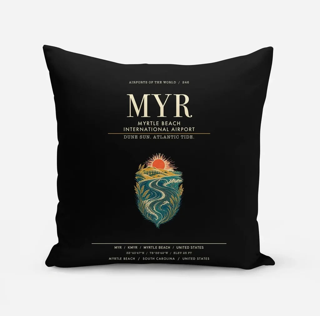 Myrtle Beach International Airport (MYR) design on black pillow