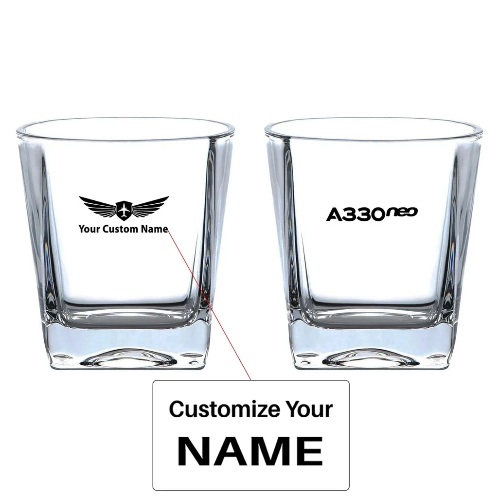 A330neo & Text aviation design on whiskey glass, crystal-clear premium glassware.
