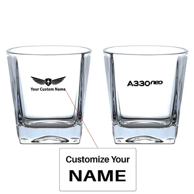A330neo & Text aviation design on whiskey glass, crystal-clear premium glassware.
