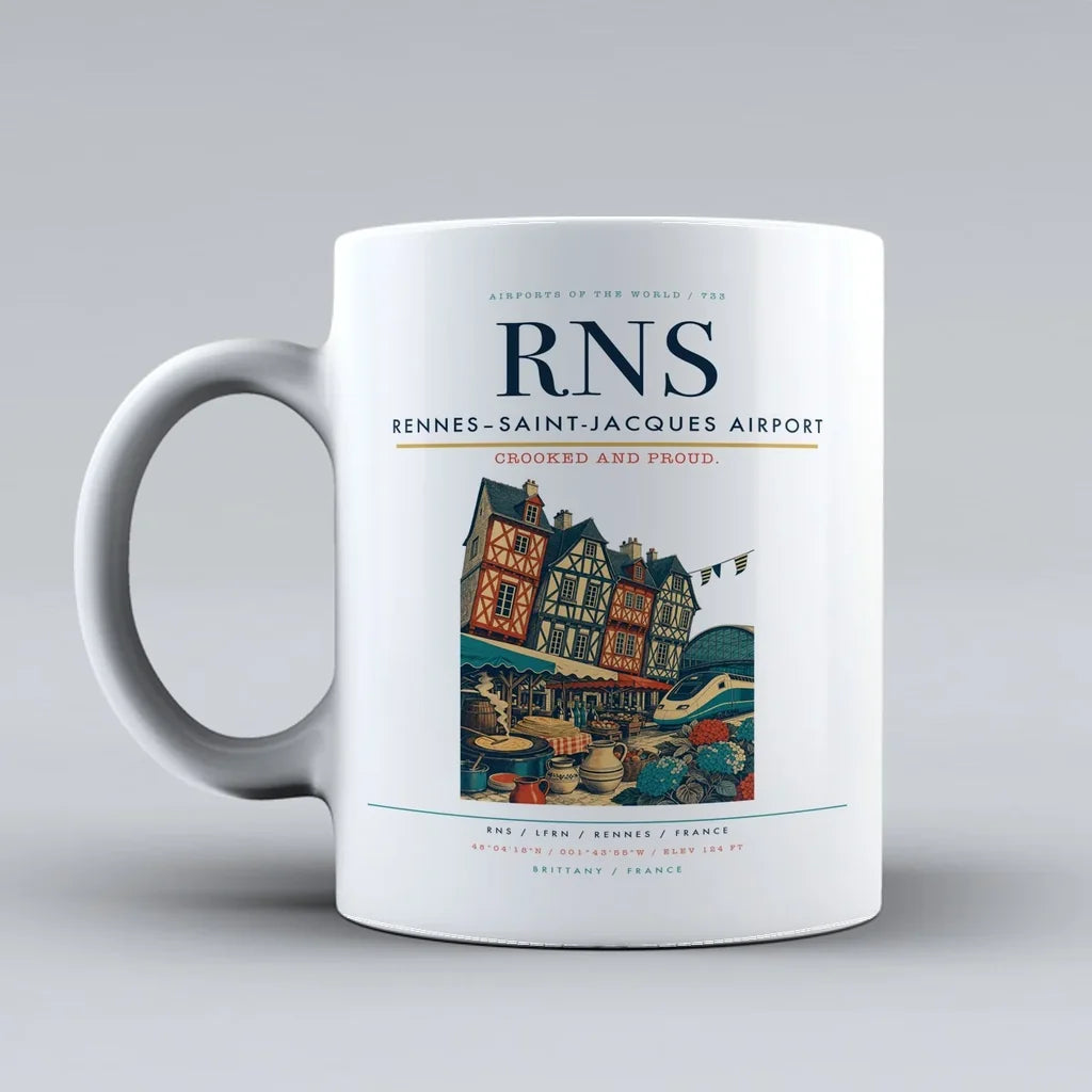 Rennes–Saint-Jacques Airport (RNS) airport code design on white ceramic mug
