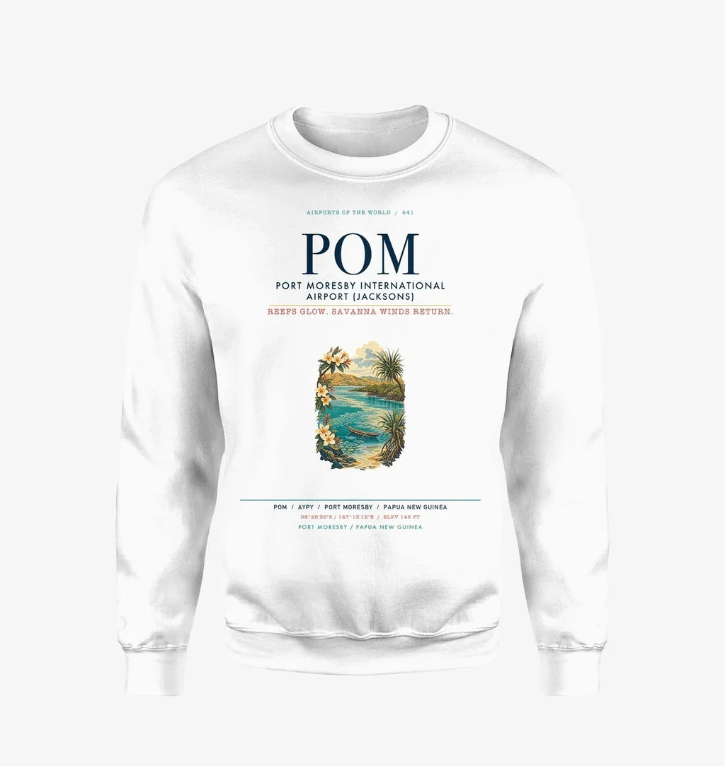 Port Moresby International Airport (POM) design on white sweatshirt