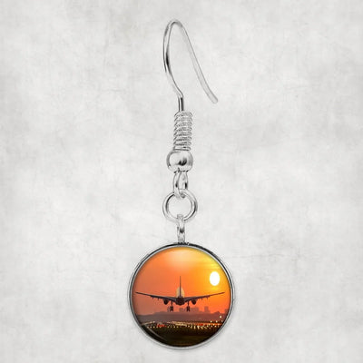 Side view of Amazing Airbus A330 Landing at Sunset aviation earrings in hypoallergenic alloy, polished finish.