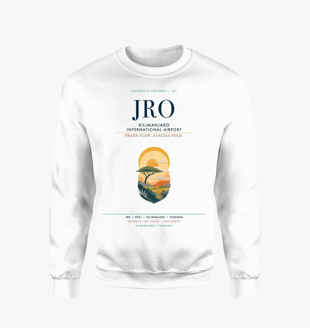 Kilimanjaro International Airport (JRO) design on white sweatshirt