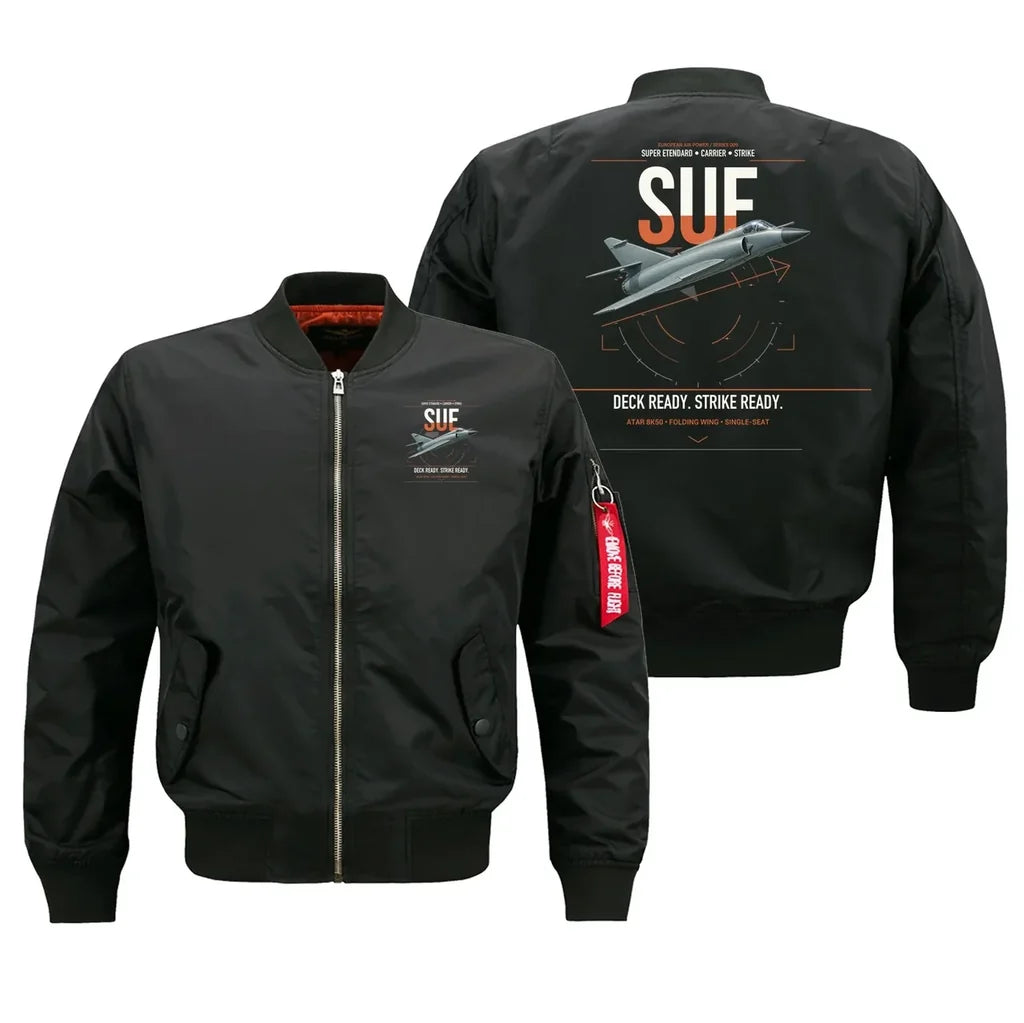 Dassault Super Étendard design on black bomber jacket, double-side print
