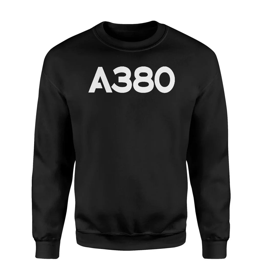 Airbus A380 Flat Text aviation design printed on soft cotton blend sweatshirt.