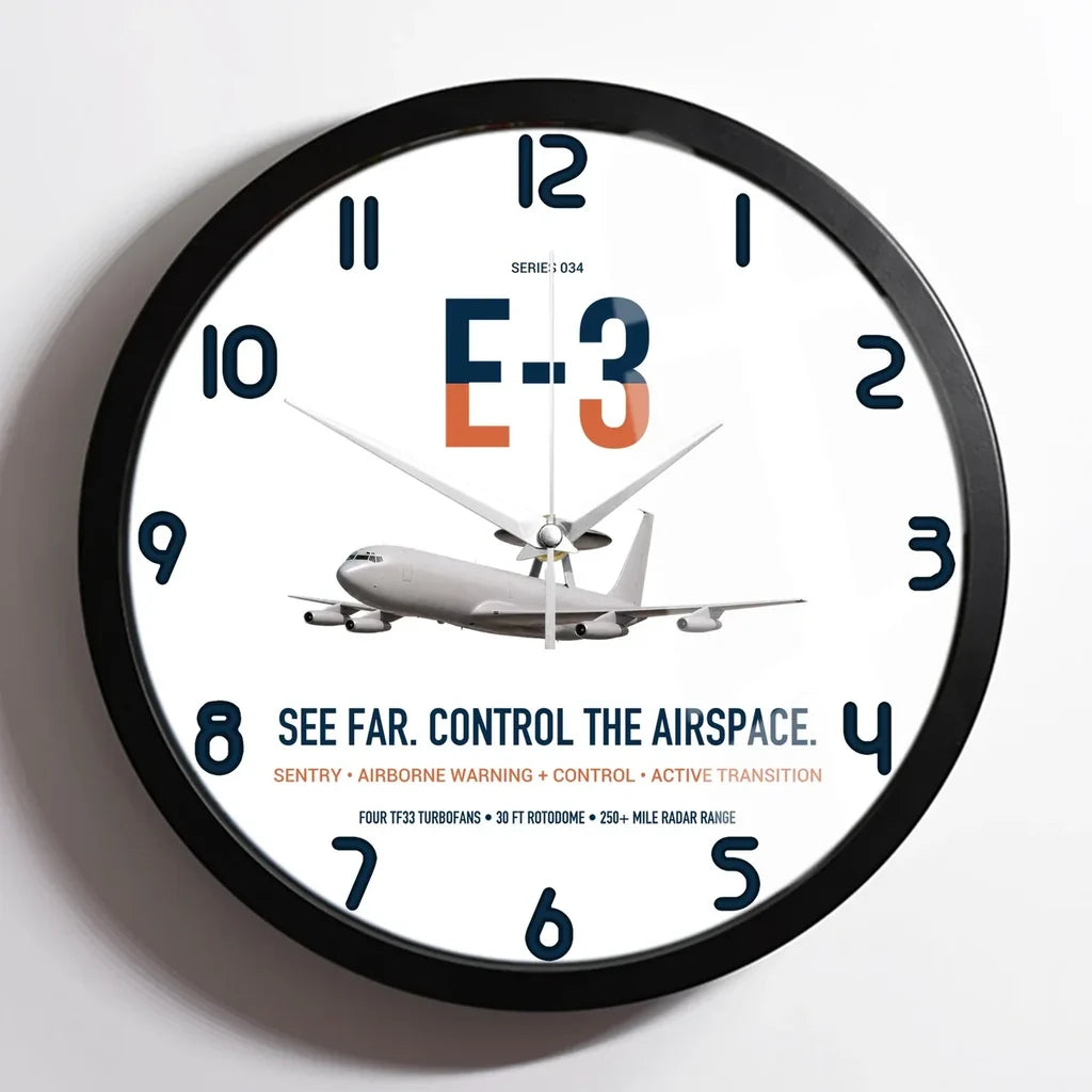 E-3 Sentry AWACS design on white framed wall clock