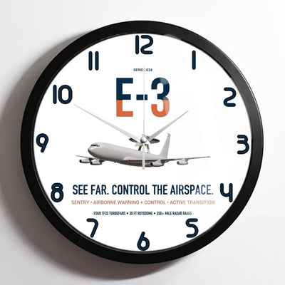 E-3 Sentry AWACS design on white framed wall clock