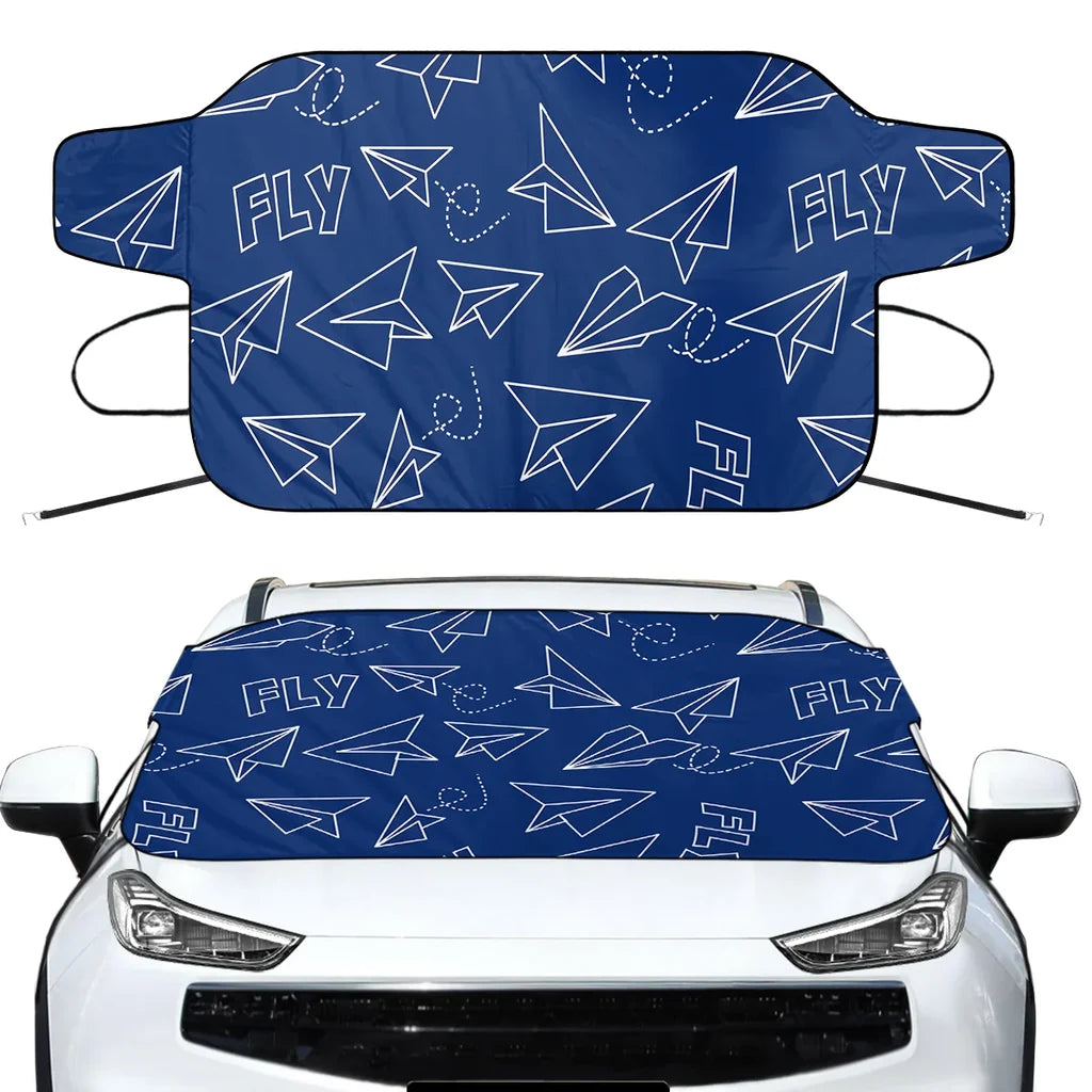 Paper Airplane & Fly (Blue) Car aviation design on car windshield cover.