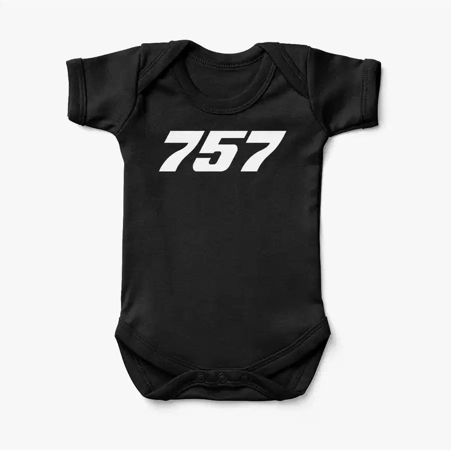 Boeing 757 Flat Text aviation print on kids gentle cotton bodysuit.
