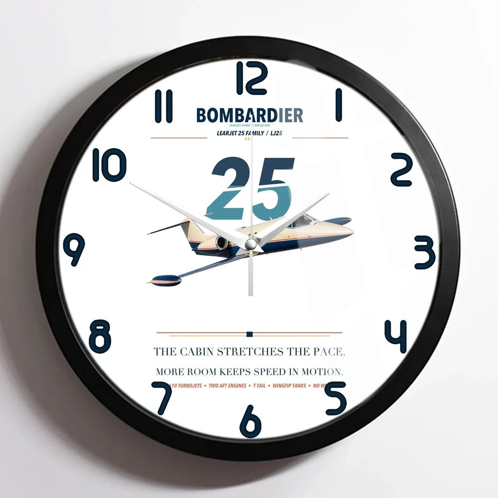 Bombardier Learjet 25 design on white framed wall clock