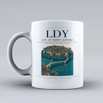 City of Derry Airport (LDY) airport code design on white ceramic mug