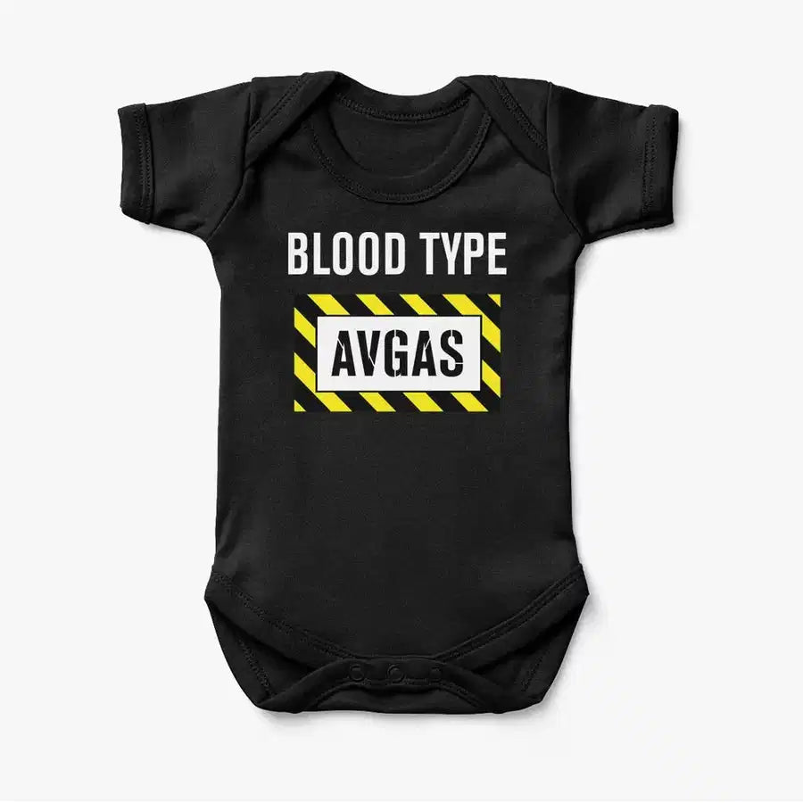 Blood Type AVGAS aviation print on kids gentle cotton bodysuit.