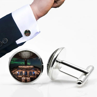 Side view of Boeing 777 Cockpit aviation cuff links in polished metal, polished finish.