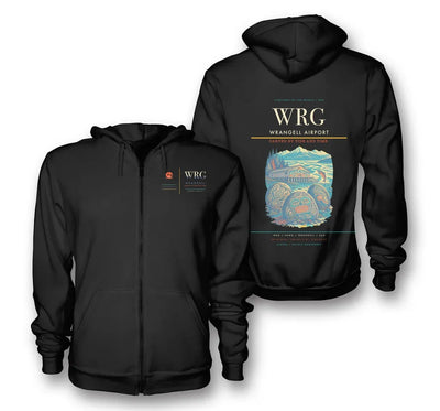 Wrangell Airport (WRG) design on black premium zipped hoodie