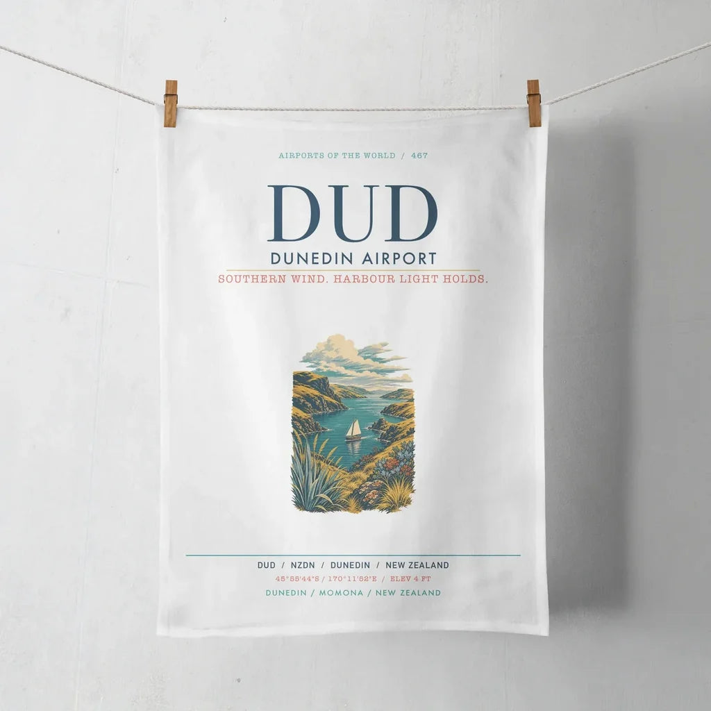Dunedin Airport (DUD) design on white towel