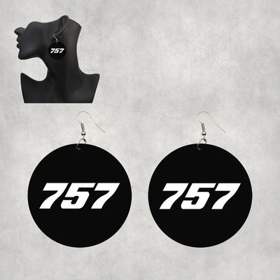 Boeing 757 Flat Text aviation-themed drop earrings, polished wood with metal hooks.