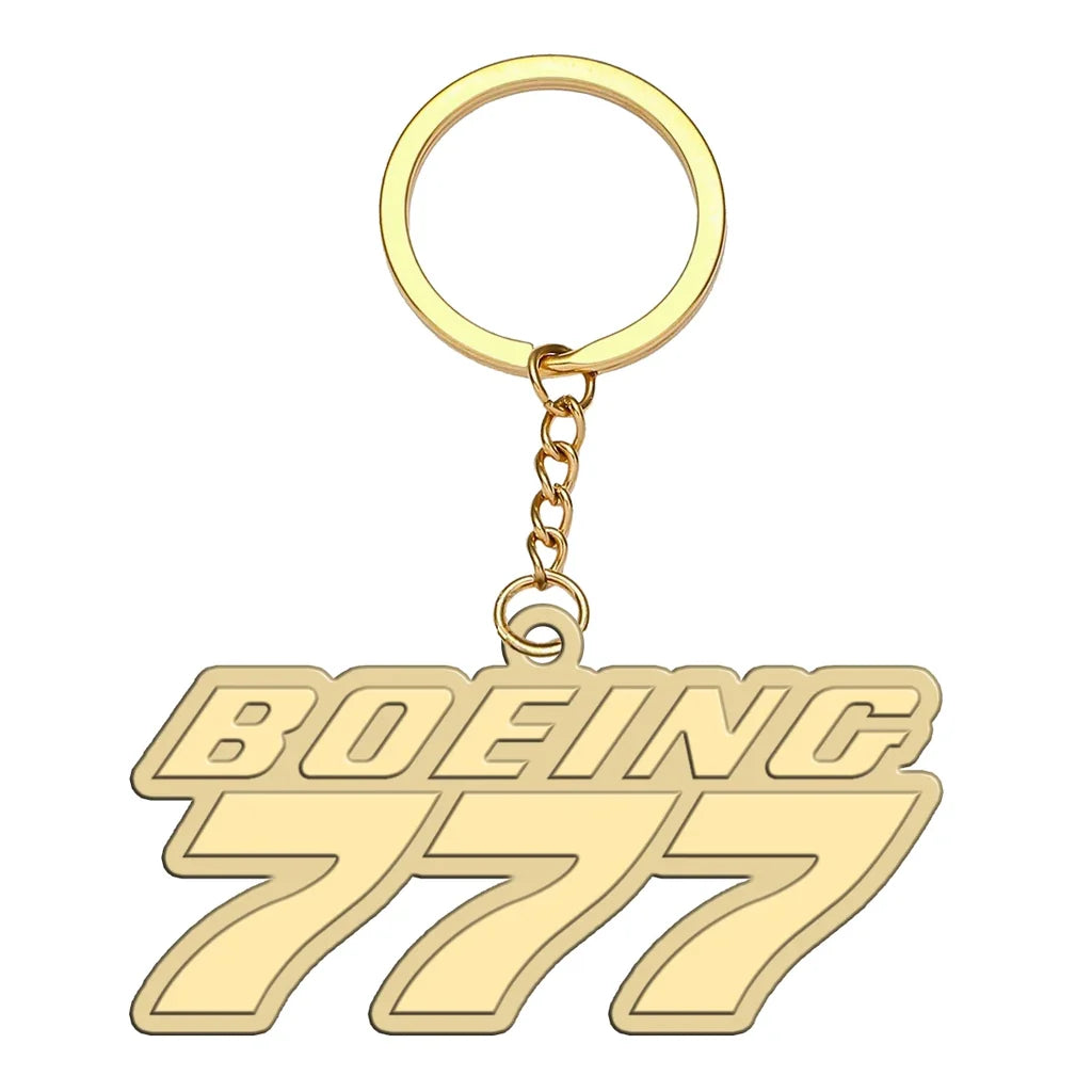 Boeing 777 & Text aviation hollow key chain in polished alloy.
