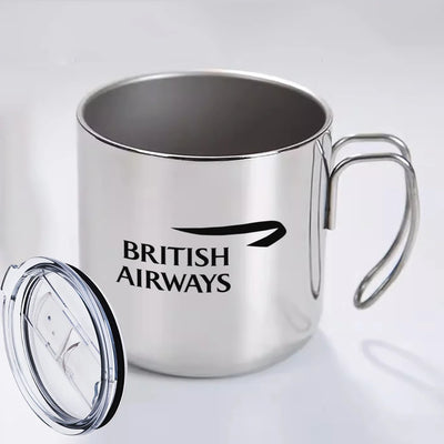 British Airways Airlines aviation design on portable mug, vacuum-insulated double-wall.